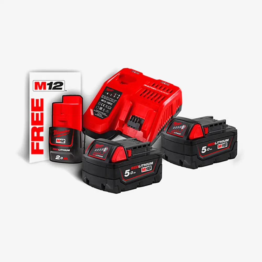 Енергокомплект MILWAUKEE, M18 NRG-502 (+заряд.пристрій, 2 акум. M18 B5(5Аг), 1 акум. M12 B2(2Аг) 